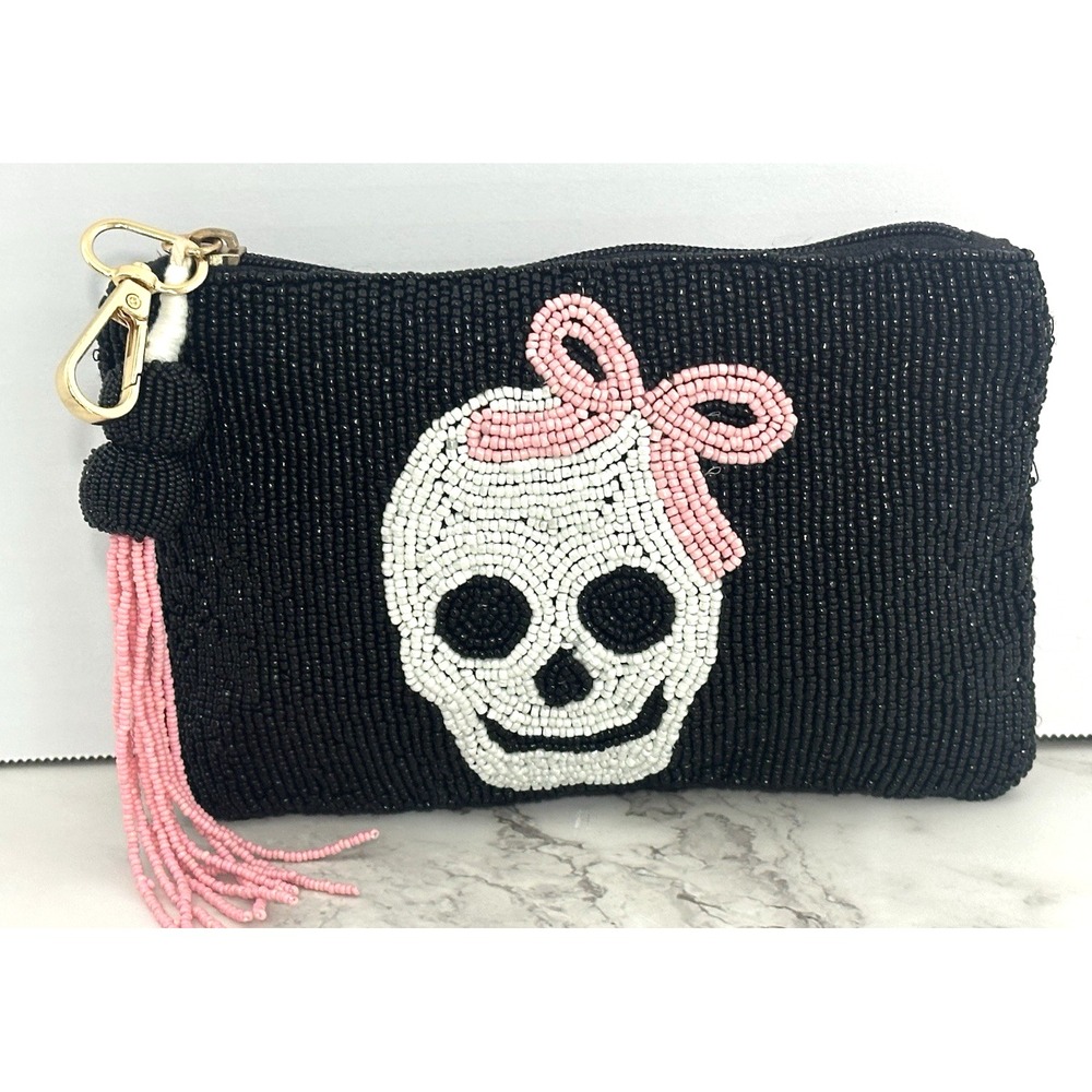 Wandering Moon Black Beaded Pouch with Skeleton & Pink Bow
